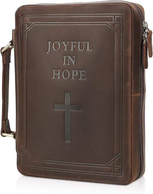Polare Full Grain Leather Bible Cover Church Bag Carrying Book Case Bible Protective with Handle and YKK Zipper 11.2x8.25x2.3 inch Christian, Religious Gifts for Men