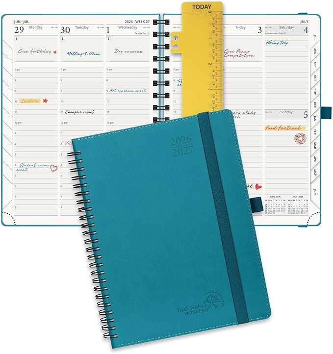 POPRUN Planner 2026-2027 (Medium - 6.5'' x 8.5'') Academic Weekly Calendar (July 2026 - June 2027) with Hourly Time Slots, Monthly Tabs, 100GSM Thick Papers, Spiral Leather Cover - Pacific Green