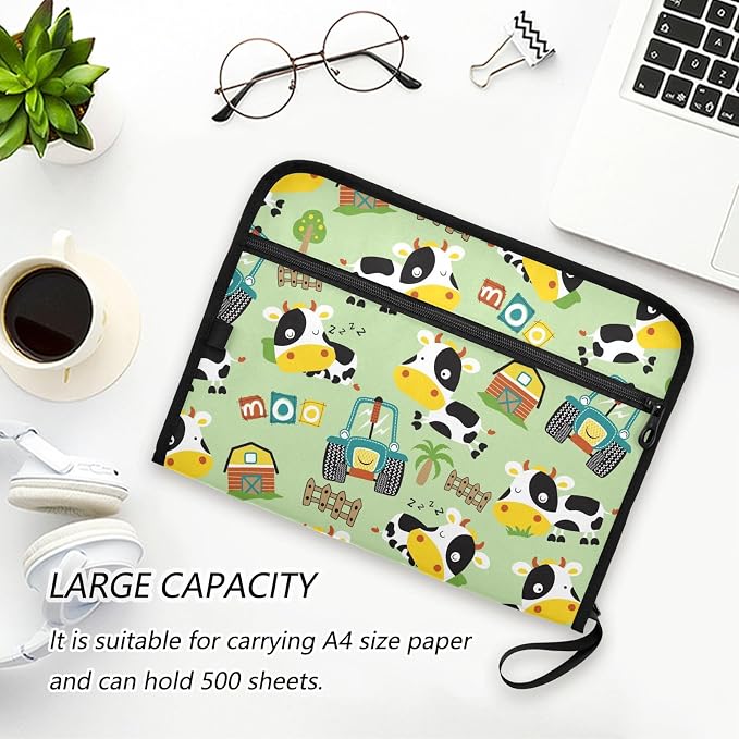 Funny Cow Farming Element File Folders,Plastic Folders with 13 Pockets,Expandable File Folder for Documents School Students Office,Aesthetic Folder with Labels A4 Letter Size