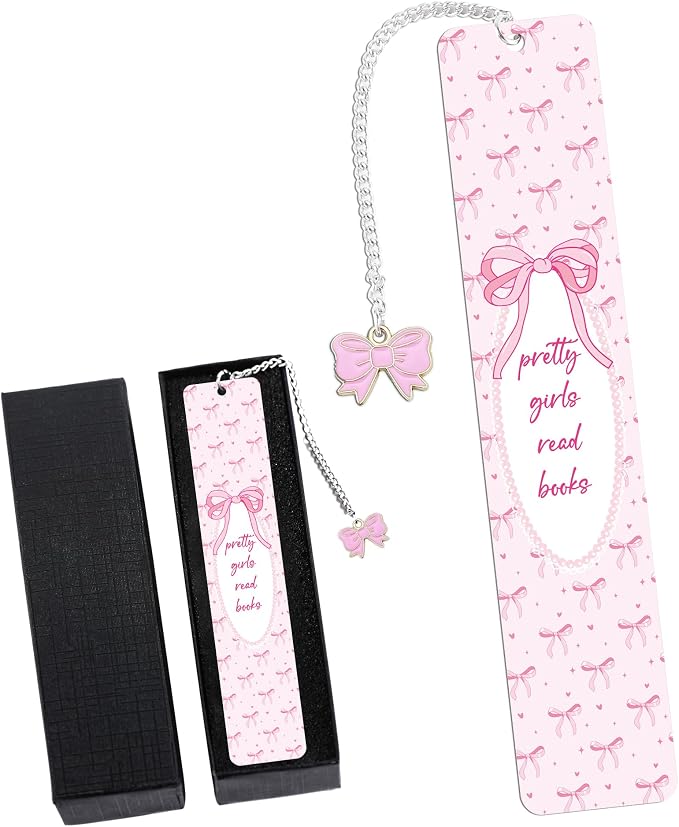Pink Bow Metal Bookmark Gifts, Cute Metal Bookmark with Charm, Pretty Girls Read Books Gift for Women Girls, Bookish Accessaries for Reading Book Lovers Birthday Christmas School Office Supplies