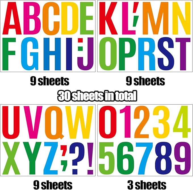 Bemeol 30 Sheets Large Letter Sickers 4 inch Vinyl Letter Alphabet Number Stickers for Bulletin Board Classroom Mailbox Home Decor(Colorful)