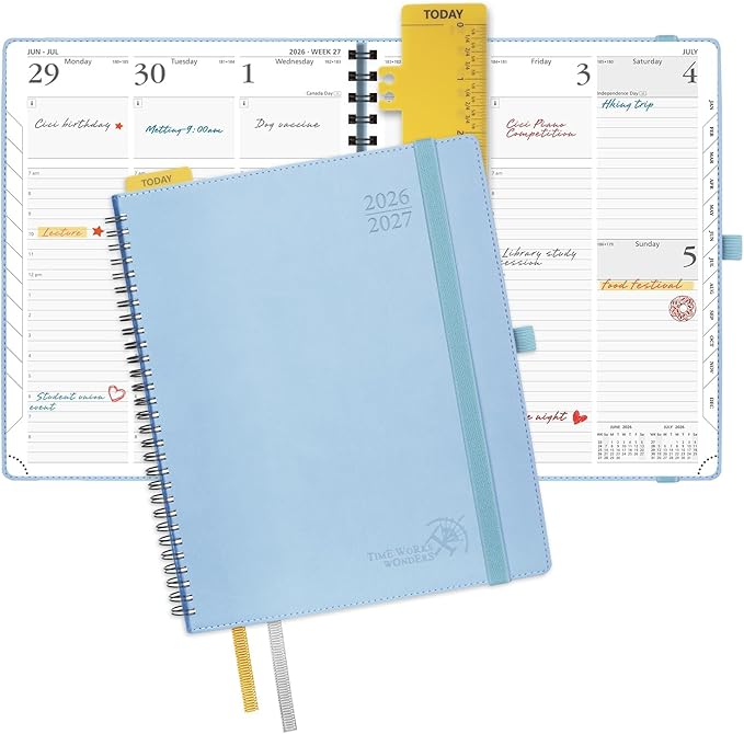 POPRUN Planner 2026-2027 (Large - 8.5'' x 10.5'') Academic Weekly Calendar (July 2026 - June 2027) with Hourly Time Slots, Monthly Tabs, 100GSM Thick Papers, Spiral Leather Cover - Blue