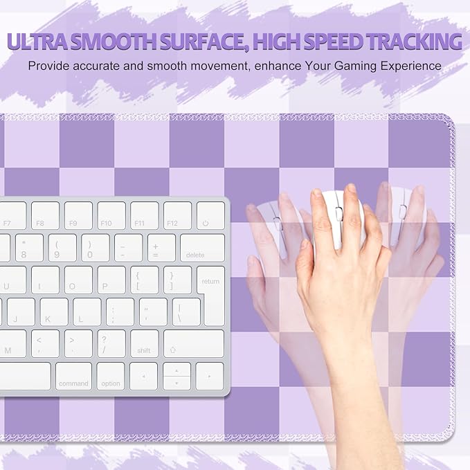 Desk Mat for Keyboard and Mouse, Large Non-Slip Mouse Pad Keyboard Pad, Computer Mats for Desktop, Cute Desk Pad with Stitched Edges for Office, Gaming I Pastel Purple Checkered