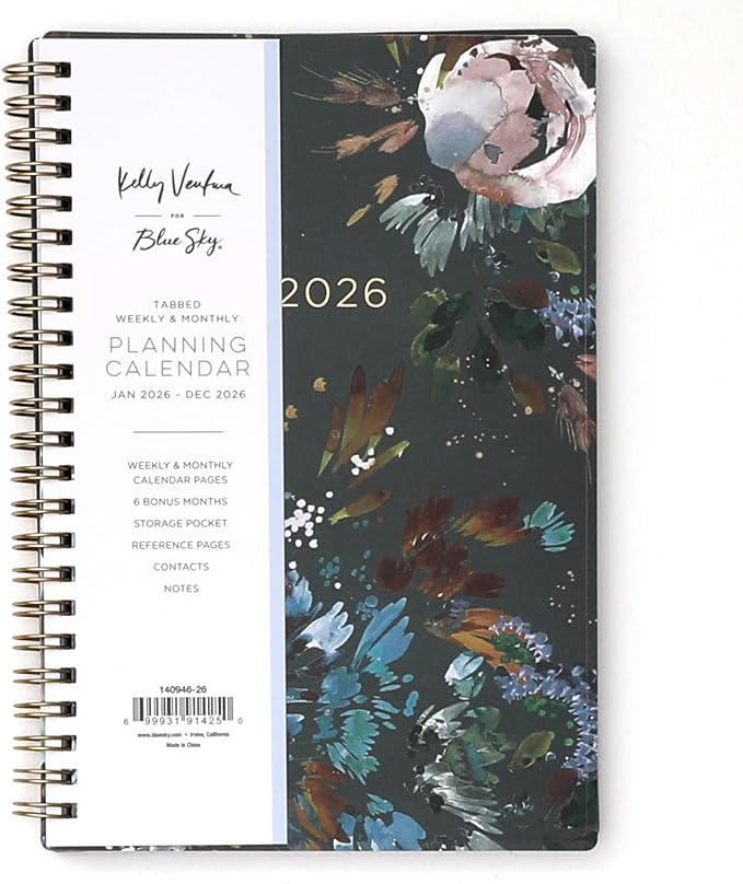 Blue Sky Kelly Ventura 2026 Weekly and Monthly Planner Calendar, January 2026 - December 2026, 5" x 8", Flexible Cover, Laminated Tabs, Durable Twin Wire Binding, Storage Pocket, Midnight Garden