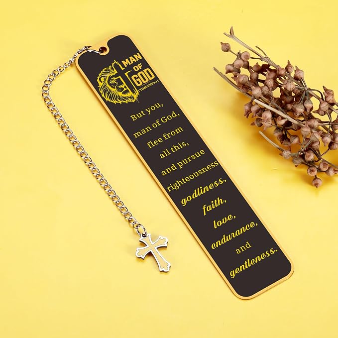 Christian Bookmark Man of God, Inspirational Lion Bible Verse Bookmark with Cross Pendant