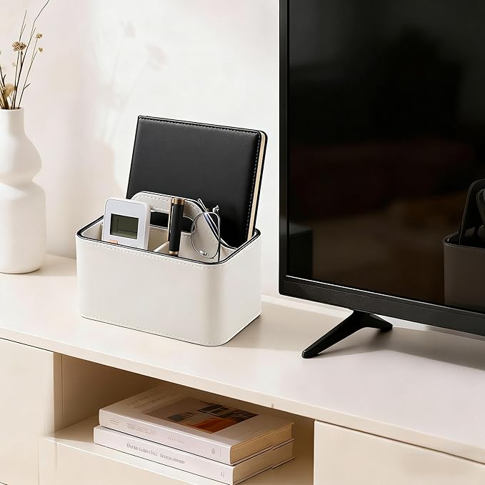 Caddy Organizer with Handle, PU Leather Remote Control Holder Desk Caddy, Portable Makeup Remote Organizer for Table, Nightstand, Office (Cream)