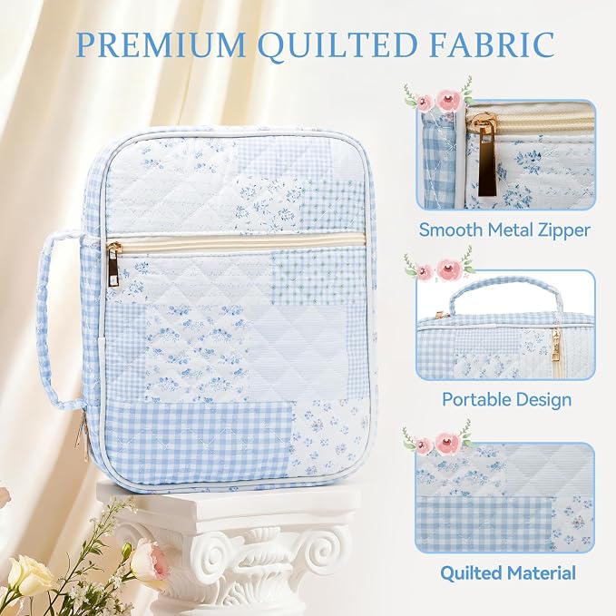 Bible Cover Case for Women Large Quilted Bible Carrying Bag with Handles Bible Study Supplies & Accessories Christian Gifts for Women(Cotton-Blue, M)