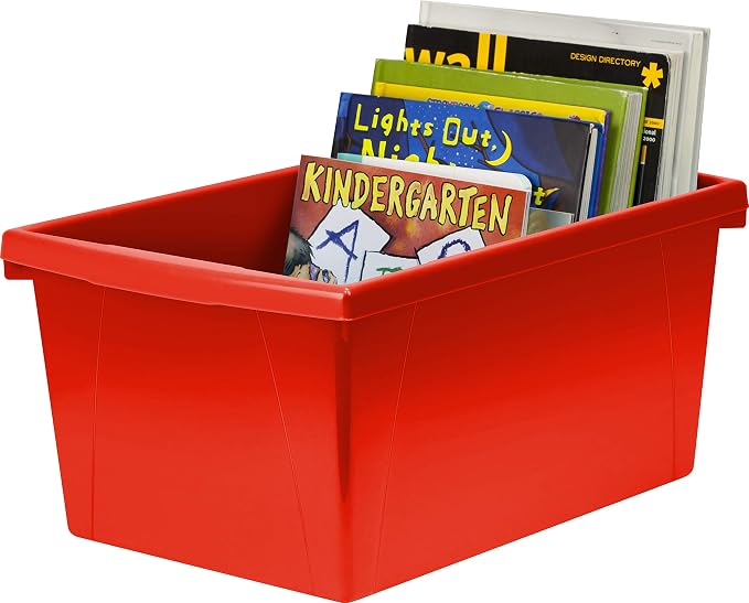 Storex 5.5 Gallon Storage Bin – Plastic Classroom Organizer for Books and Supplies, Red, 6-Pack (61483F06C)