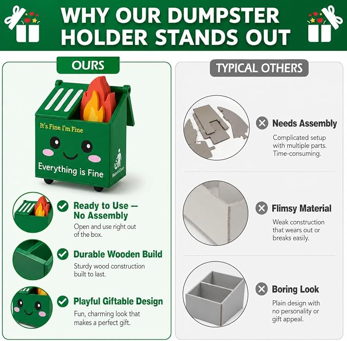 Desk Dumpster Fire Pen Holder – Everything’s Fine Funny Office Desk Decor, Mini Trash Can Pencil Holder Organizer with Flame Note Cards, Stress Relief White Elephant Gag Gift for Coworker