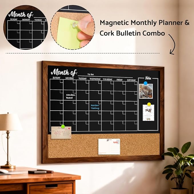 DOLLAR BOSS Chalkboard Calendar Corkboard Combo, 36" x 24" Magnetic Chalk Board Monthly Planner & Natural Cork Bulletin Rustic Wood Frame for Office Home School with 4 Markers, 8 Magnets, 10 Pins