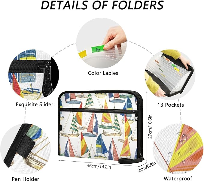 Marine Nautical Sail Boat File Folders,Plastic Folders with 13 Pockets,Expandable File Folder for Documents School Students Office,Aesthetic Folder with Labels A4 Letter Size