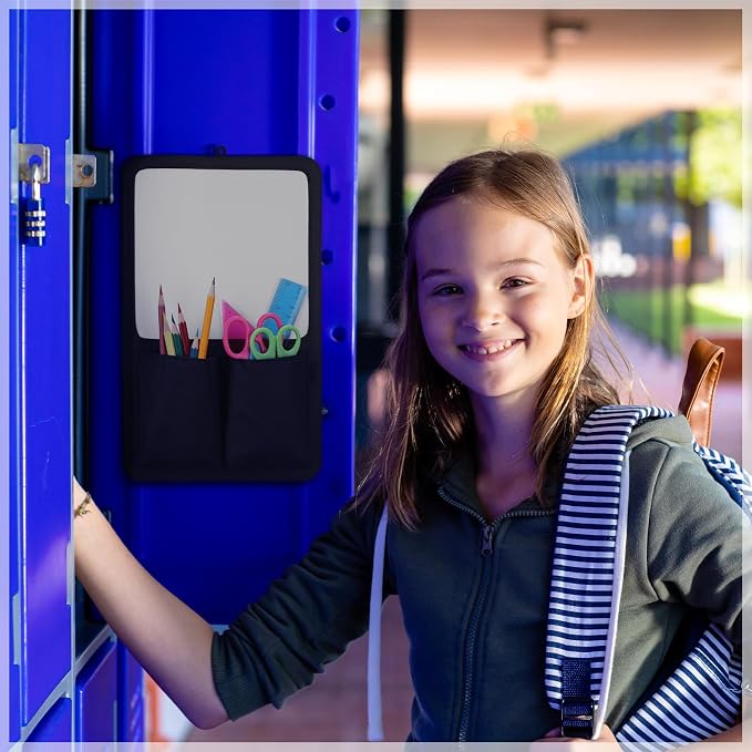 Briwooody Magnetic Locker Organizer 7.8 x 12.6 Inch Locker Accessories Magnetic White Board with Holder Bag Back to School Holder Bag First Day of School Supplies for Cabinet Refrigerator(Black)