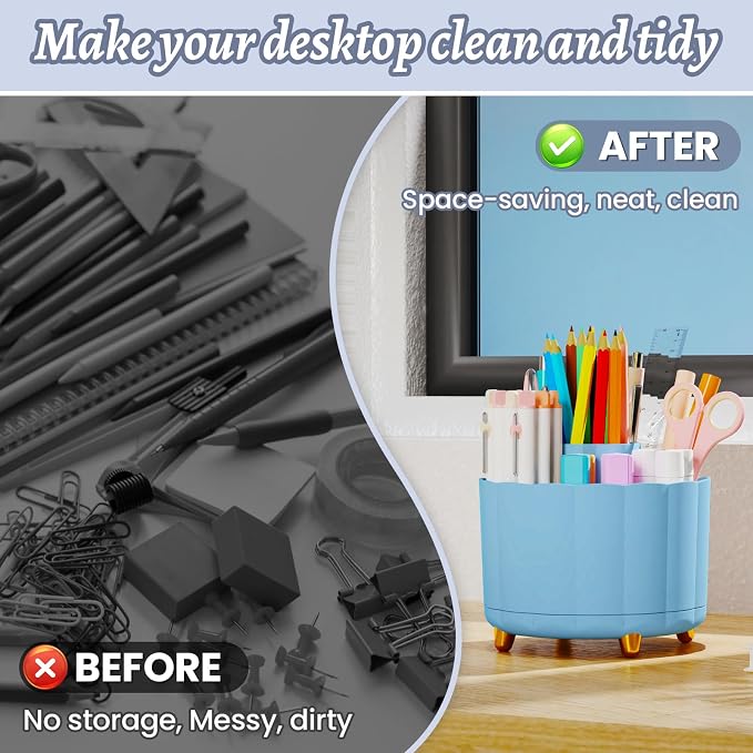 360 Degree Rotating Pen Holder for Desk, 6 Slots Desktop Organizer Caddy for Pens, Pencils, Markers, Multi-Functional Pencil Cup & Office Supplies Holder, Blue