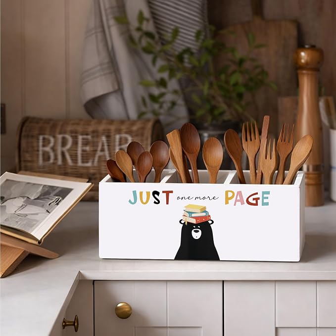 Just One More Page Black Bear 3-Compartment Desk Organizer, Wooden Pencil Holder for Pens, Pencils, Scissors & Rulers, Cute Reading Theme for Home, Kids, Office