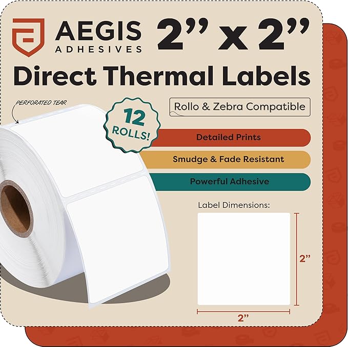 Aegis Adhesives - 2" X 2" Square Direct Thermal Labels (12 Rolls, 700 Labels/Roll) Multipurpose for QR Codes, Barcodes - Perforated, Compatible with Rollo, Zebra, and Other Desktop Label Printers