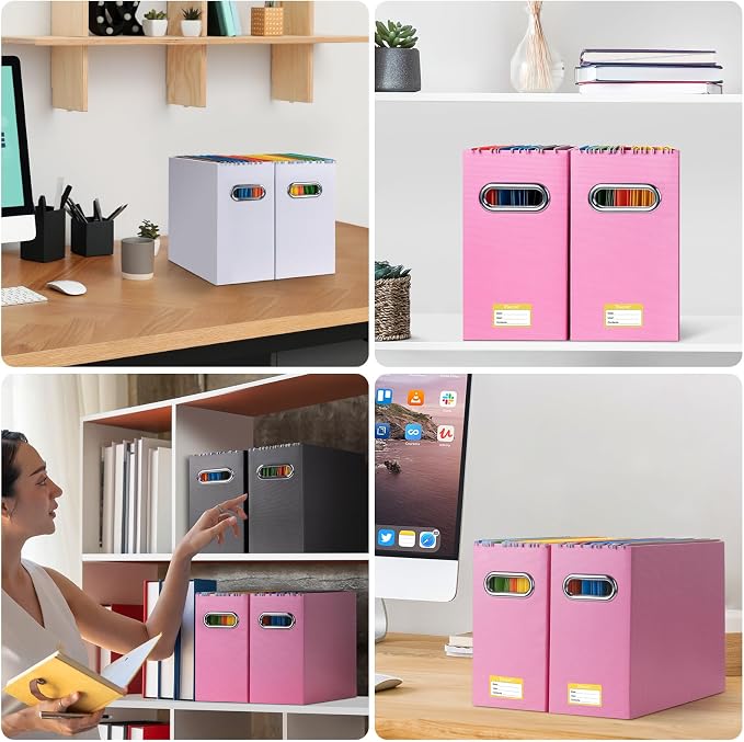 BALEINE File Organizer Box, Cardboard File Folder Organizer with Handle for Letter Size, Portable Collapsible Hanging Filing Box for Home Office Document Storage (1 Pack, Pink)