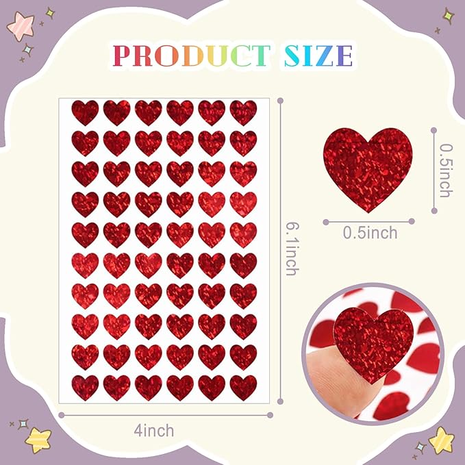 1800 Holographic red Heart Stickers，Shimmering Laser-Cut red Heart Stickers，The Perfect Choice for Valentine's Day Gift Decorations，Also Ideal for Reward Charts，Valentine's Day red Heart Stickers