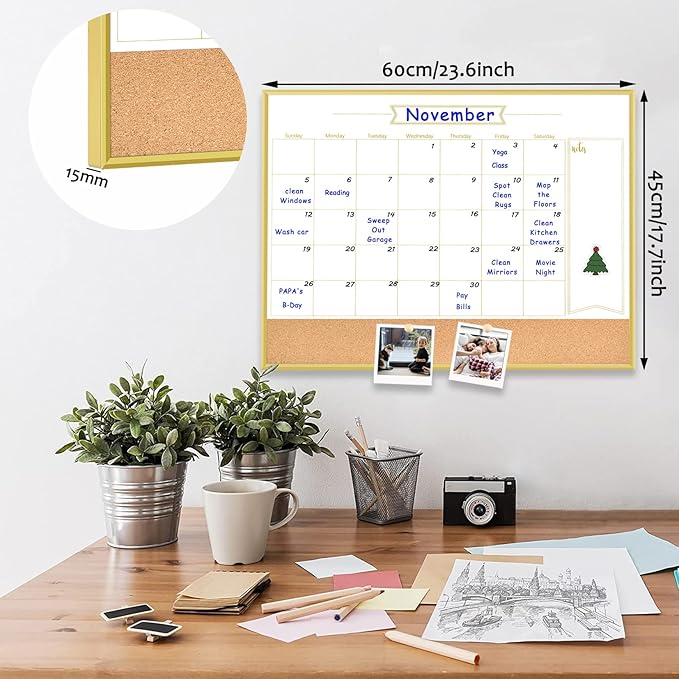 Whiteboard Calendar & Corkboard, 18" x 24" Dry Erase White Board & Bulletin Board, Gold Aluminum Frame Calendar/Cork Combo Board(ZHYL-Gold-4560-B+1)