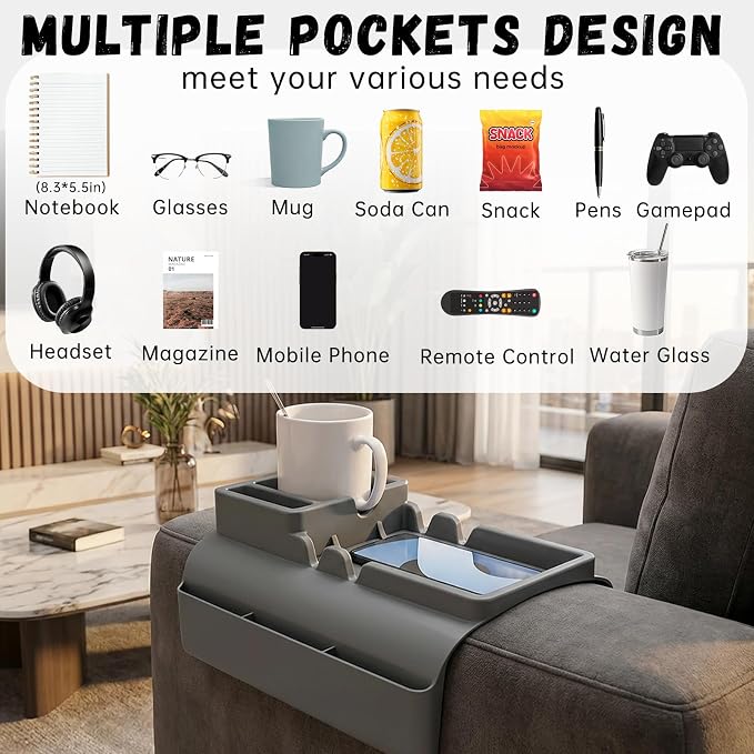 2PCS Couch Cup Holder Tray, Silicone Sofa Armrest Tray with Side Pockets, Anti-Slip Couch Arm Organizer Storage for Cell-Phone Tablet or Snack Remotes (Gray)