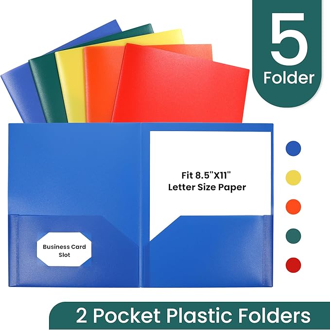 GNL Plastic Folders with Pockets, Pack of 5, Colored Heavy Duty 2 Pocket File Folders Letter Size, Pocket Folders for School, Home, and Office