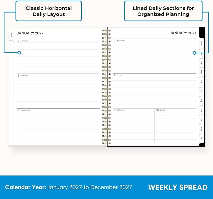 Blue Sky 2027 Weekly and Monthly Planner Calendar, January 2027 - December 2027, 8.5" x 11", Clear Pocket Cover, Laminated Tabs, Durable Twin Wire Binding, Storage Pocket, Baccara Dark