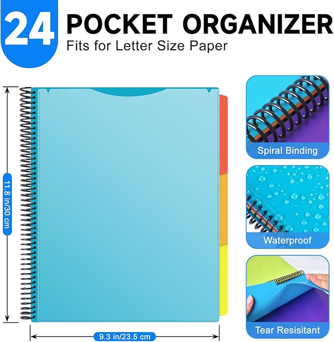 24 Pocket Poly Project Organizer for Office & Home, Large Capacity Expandable File Folder with Dividers, Heavy Duty Accordion Folder for Documents, Bills, Files Organization (Blue)
