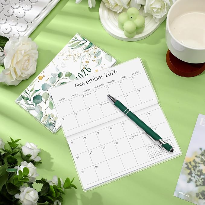 Gueevin 2026 Pocket Calendar for Purse with Pen Small Pocket Planner Handy Weekly Monthly Planner Journal Writing Notebook Valentine New Year Gift Sister Friend Women(Eucalyptus,Dark Green)