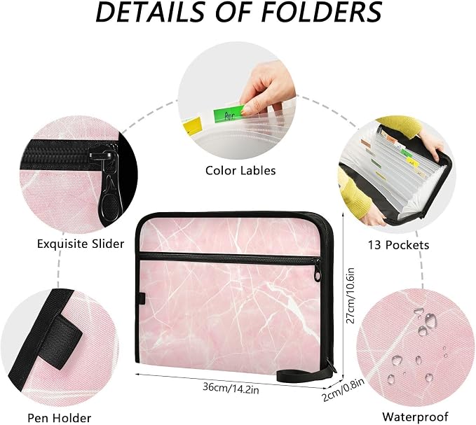 ALAZA Pink Marble Expanding File Folder, 13 Pockets Expandable Document Organizer Folder with Zipper Closure for Home Office A4 Letter Size Paper Document