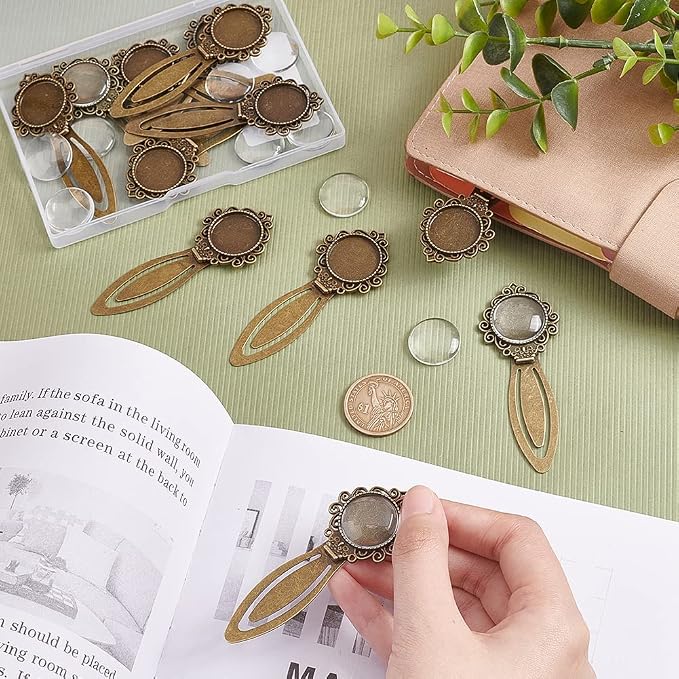 NBEADS 24 Pcs Antique Bronze Bookmark Pendant Tray Kit, Including 12 Pcs Tibetan Style Bookmark Cabochon Settings 12 Pcs Dome Transparent Glass Cabochons for Reading Gift Crafting DIY Bookmark