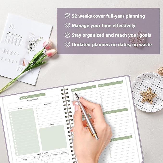 Undated Weekly Planner, Weekly To Do List Notebook with Goal, Organizer & Habit Tracker, A5 Daily Planner with Spiral Binding, Ideal for Office School Suppies