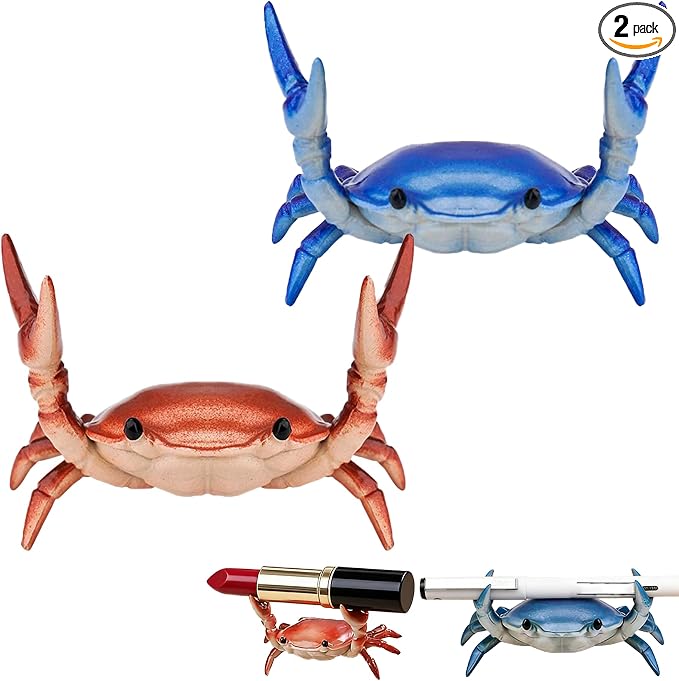 2 Pcs Crab Pen Holder, Creative Weightlifting Desk Crab Pen Holder Stand, Cute Desk Organizers and Accessories, Home School Studio Office Decor for Small Items Storage,Ideal Gift (Red+Blue)