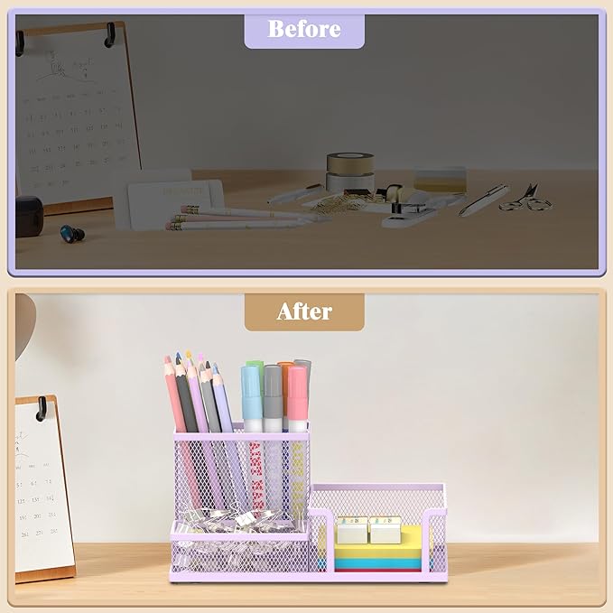 SUPEASY Mesh Pen Holder Desk Organizer, Office Supplies Pencil Storage with 3 Compartments, Office Desk Accessories and Workspace Organizers for Home School Classroom, Purple