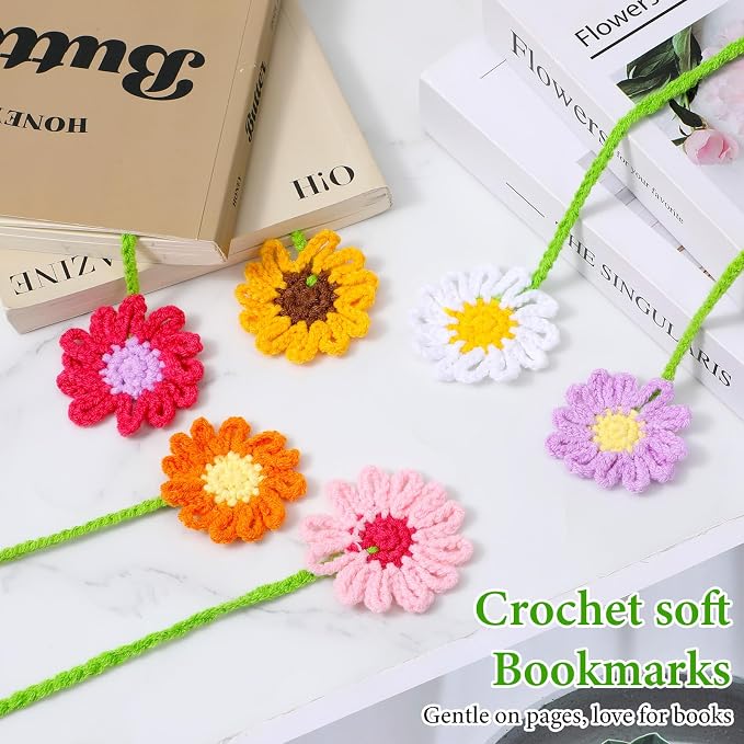 Ouligay 6 Pack Crochet Bookmarks for Women Daisy Sunflower Book Marker Personalized Handmade Cute Bookmark Gifts for Book Lovers and Teachers,Bag Charms,Keychain