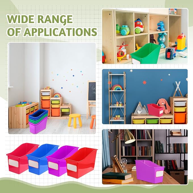 Teling 12 Pcs Book Bins Bulk - Plastic Book Storage Bin with Labels for Classroom Interlocking Magazine Holder Organizer Binder Container Box for School Office Desktop Bookshelf Home (Rainbow Bright)