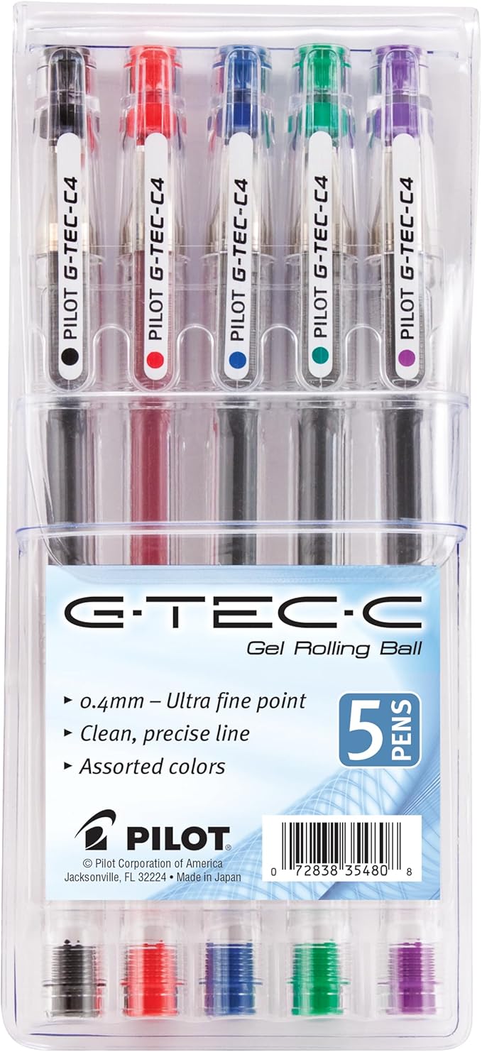 PILOT G-Tec-C Gel Ink Rolling Ball Pens, Ultra Fine Point (0.4mm), Black/Blue/Red/Green/Purple Inks, 5-Pack Pouch (35480)