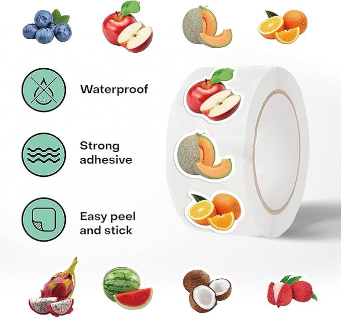 500 PCS Realistic Fruit Stickers 1 Inch - 10 Assorted Reward Stickers for Classroom, Scrapbooking, Crafts - Teacher Supplies, Student Rewards, Kids Activities