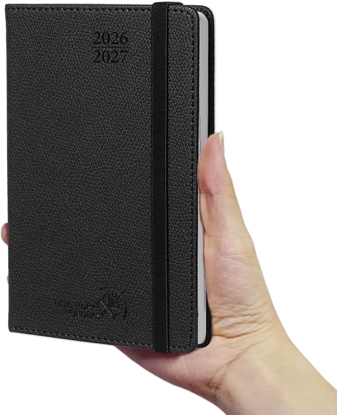 POPRUN 2026-2027 Pocket Weekly Planner Calendar, Size 4'' x 6.25'', Academic Planner (Jul 2026 - Jun 2027) Horizontal Layout with Lined Sections, Leather Hardcover, 100GSM Paper - Black