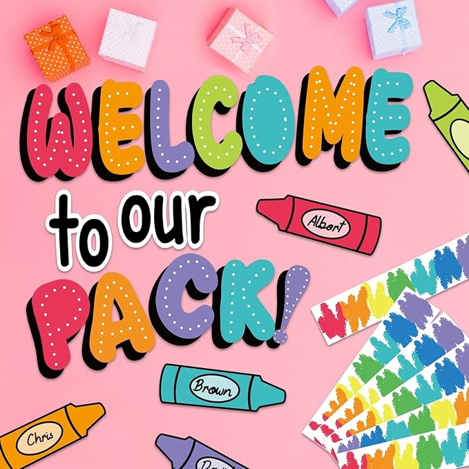 VABAMNA 63Pcs Classroom Bulletin Board Decorations Set - Welcome to Our Pack Crayon Cutouts with Border Trims for School Classroom Door Home Wall Decorations