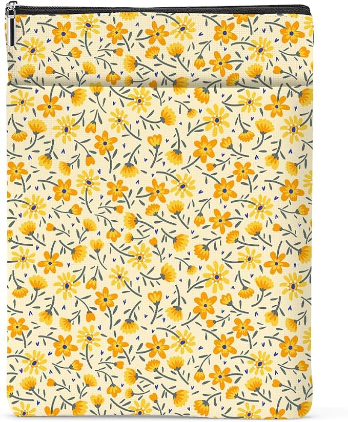 Yellow Wildflowers Pattern Book Lovers Gifts Waterproof Book Sleeve Books Pouch Books Protector with Zipper and Front Pocket BookCover Case for Women Best Friend Sister Birthday Christmas