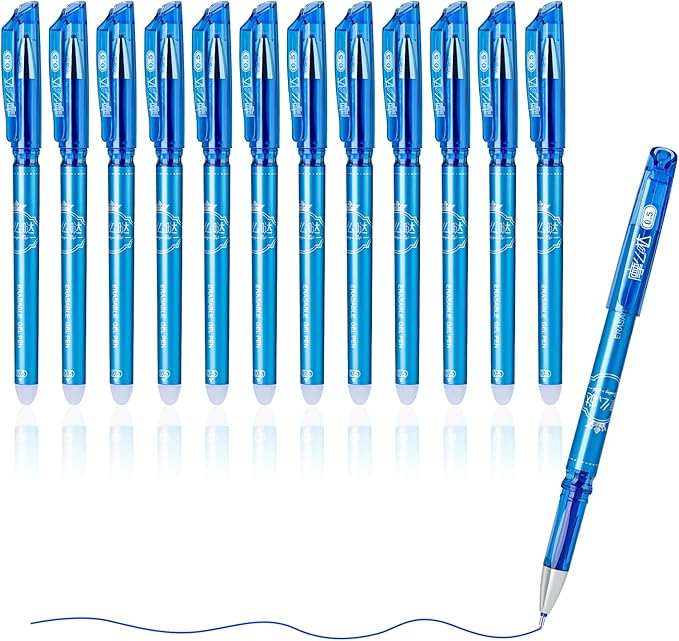 Temiary 12 Pcs Erasable Gel Pens, 0.5 mm Fine Point Heat Erasable Gel Ink Pen, Quick Dry for Writing, Journaling, and Crossword Puzzles, Smooth Writing for School Office Supplies (Blue)