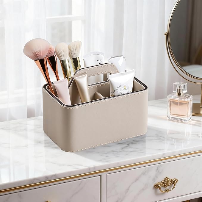 Caddy Organizer with Handle, PU Leather Remote Control Holder Desk Caddy, Portable Makeup Remote Organizer for Table, Nightstand, Office (Beige)