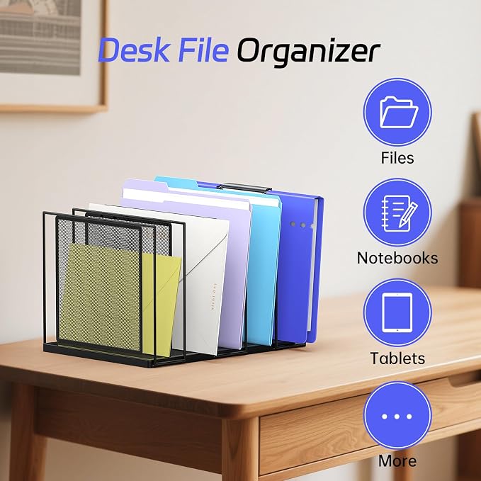 Desk File Organizer, 5 Section Vertical Metal File Organizer for Desk, Desktop File Organizer Stand, Paper Folder Organizer for Office Home Classroom Storage (Black, 5 Section)