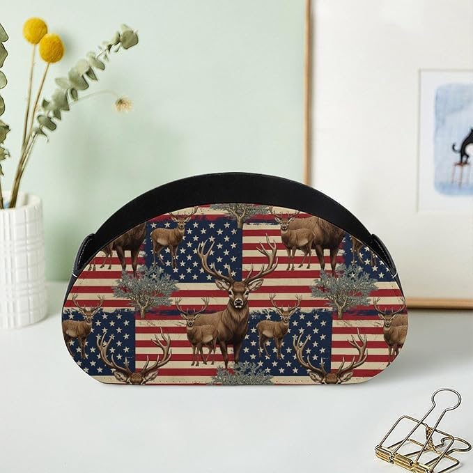 PU Leather Remote Storage Box, 5-Compartment Desk Organizer for Media Controllers, Office Supplies, and Home, American Flag Deers