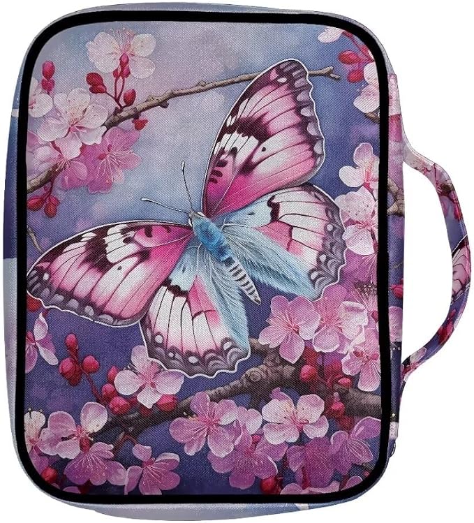 Coldinair Butterfly Bible Cover for Women Nylon Bible Holder Carrier Peach Blossom Carrying Organizer Bible Bag, Zipper and Pockets for Standard Large Size Bible