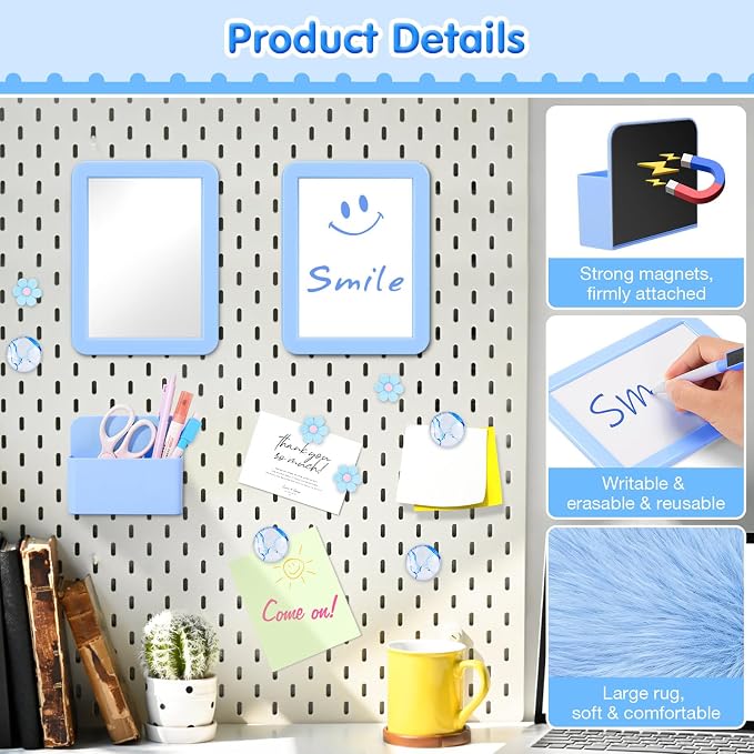 MoKo 17PCS Locker Accessories for Girls, Cute Locker Accessories Kit with Mesh Shelf, Magnetic Dry Erase Board, Mirror, Marker Holder, Marker, Plush Rug, Magnets, Lockers Decor for School/Work, Blue