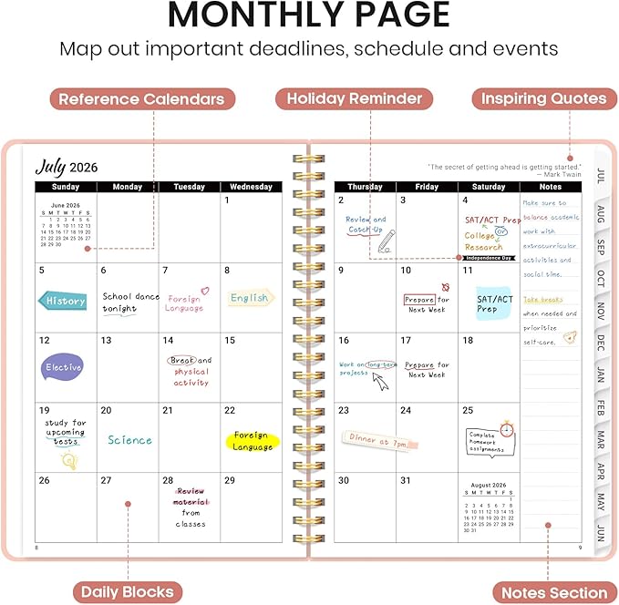 Planner 2026-2027 for Women & Men, Set of 3, Academic Monthly and Weekly Calendar Planner, Jul 2026 - Jun 2027, A5 (6.3" x 8.5"), Teacher Student Planning Book with Tabs, Ideal for Office School Supplies - 3 Pink