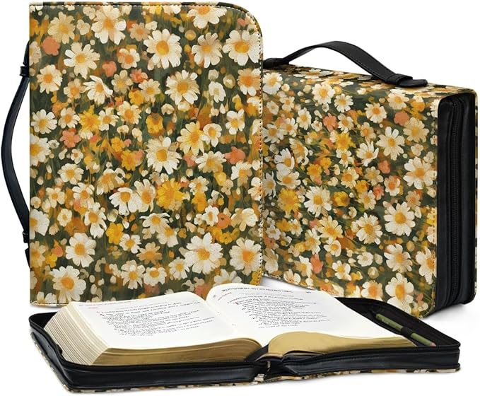 Bible Cover Case for Women,Daisy Print Carrying Book Case for Bible Accessories Leather Carrying Case with Handle&Zippered Pocket A Christian Gift for Women-L