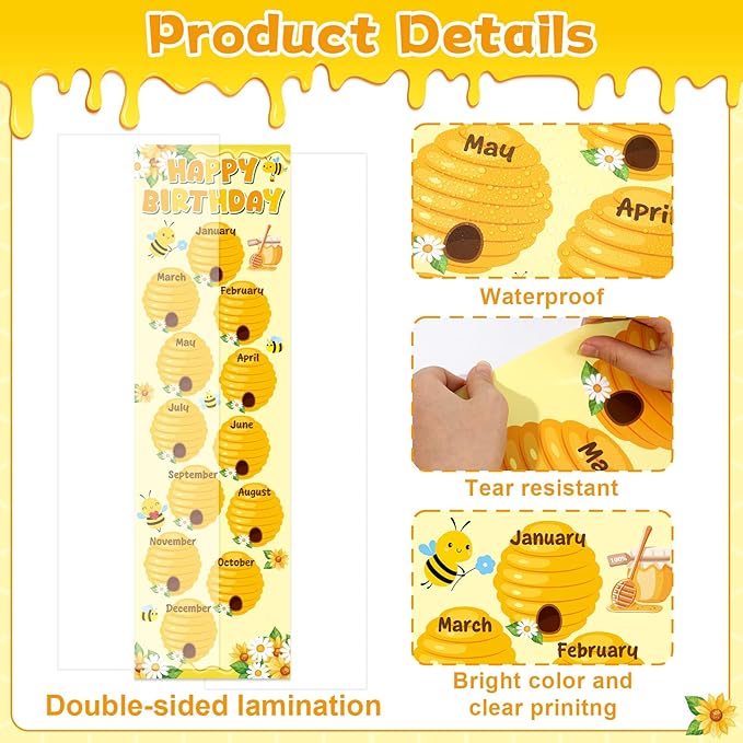 Bee Happy Birthday Poster Chart Calendars Bulletin Board Decorations Honey Bumble Birthday Classroom Wall Door Decor for Hive Birthday Bulletin Boards Nursery Home Kindergarten Back to School Supplies