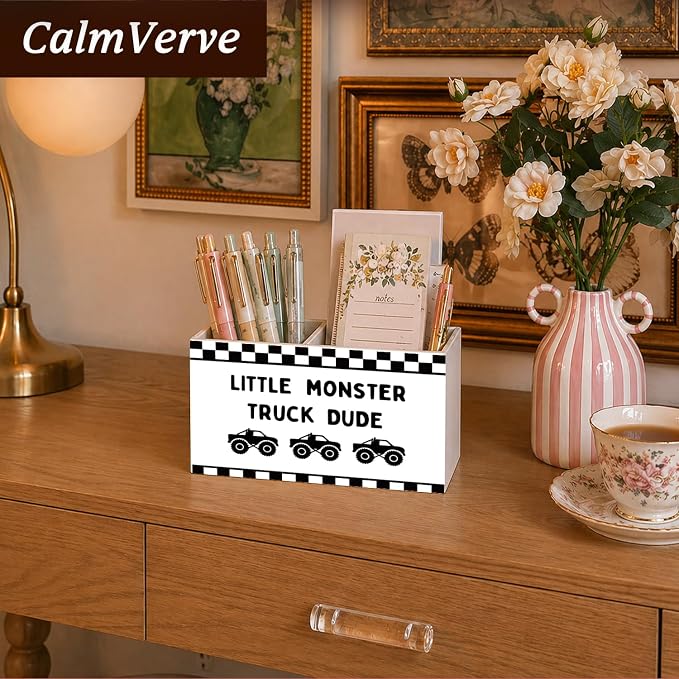 Car Kids Pen Pencil Holder for Desk, Race Car Room Decor, Monster Truck Black Checkered Wooden Box Sign Decorations for Kids Boy Nursery Room Bedroom Playroom Desk Tabletop