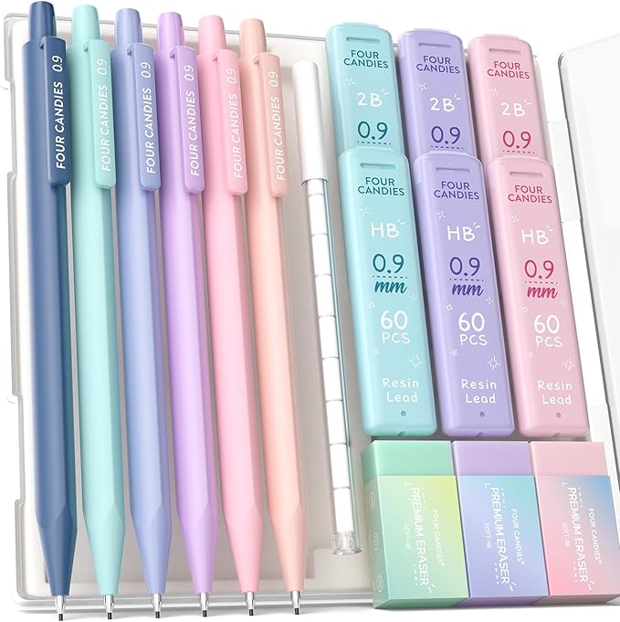Four Candies 6PCS Cute Mechanical Pencil Set with 372 Leads & Erasers, 0.9 mm Bold Point, Pencils Mechanical with 360PCS (HB & 2B) Lead Refills & 12PCS Erasers & Storage Case for Writing & Drawing
